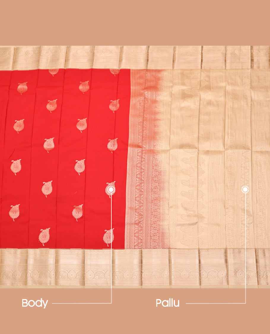 Red Budget Silk Saree, Woven with Zari Buttas, Complemented by Contrast Traditional Zari Border, Grand Pallu, and a Contrast Blouse