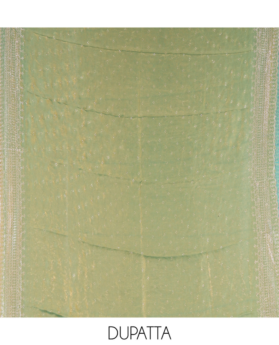 Pista Green Fendi Organza Material Chudidar Fetaures Pom-Pom-Neckline Top, Plain Bottom, and Scallop Embroidered Dupatta
