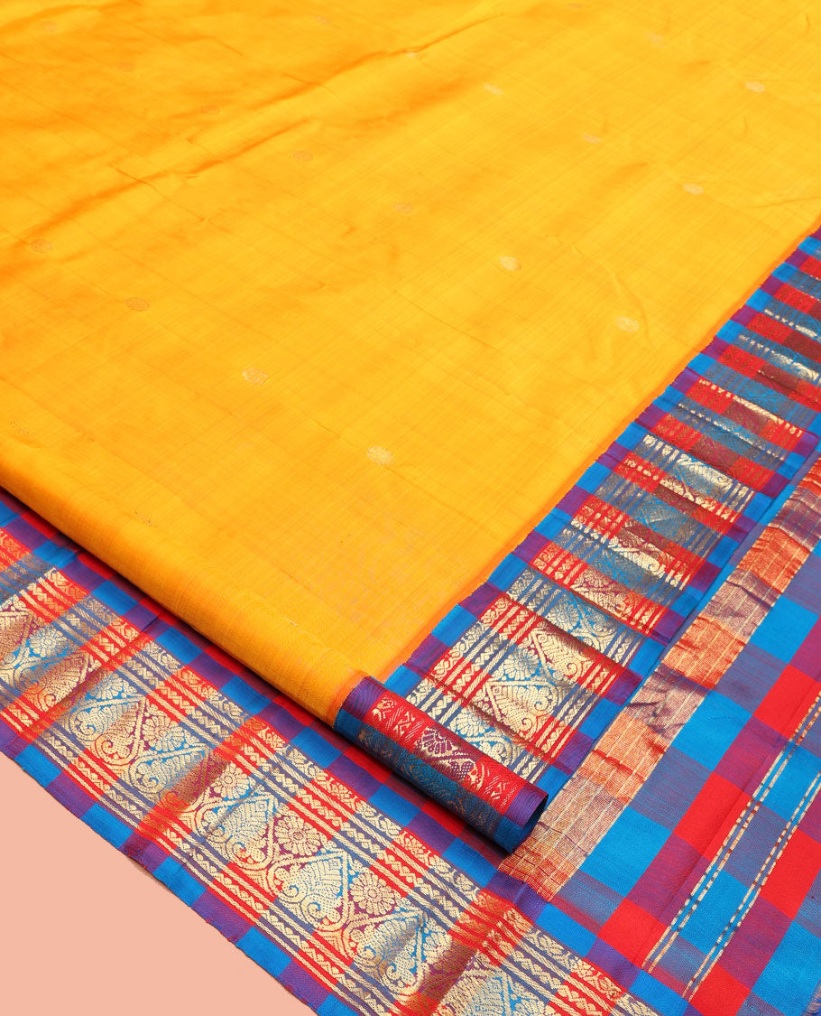 Yellow Kanchipuram Silk Saree, Elevated with Zari Buttas, a Contrast One-Sided Paalum Pazhmum Checked Zari Border, Paalum Pazhmum Checked Pallu, and No Blouse