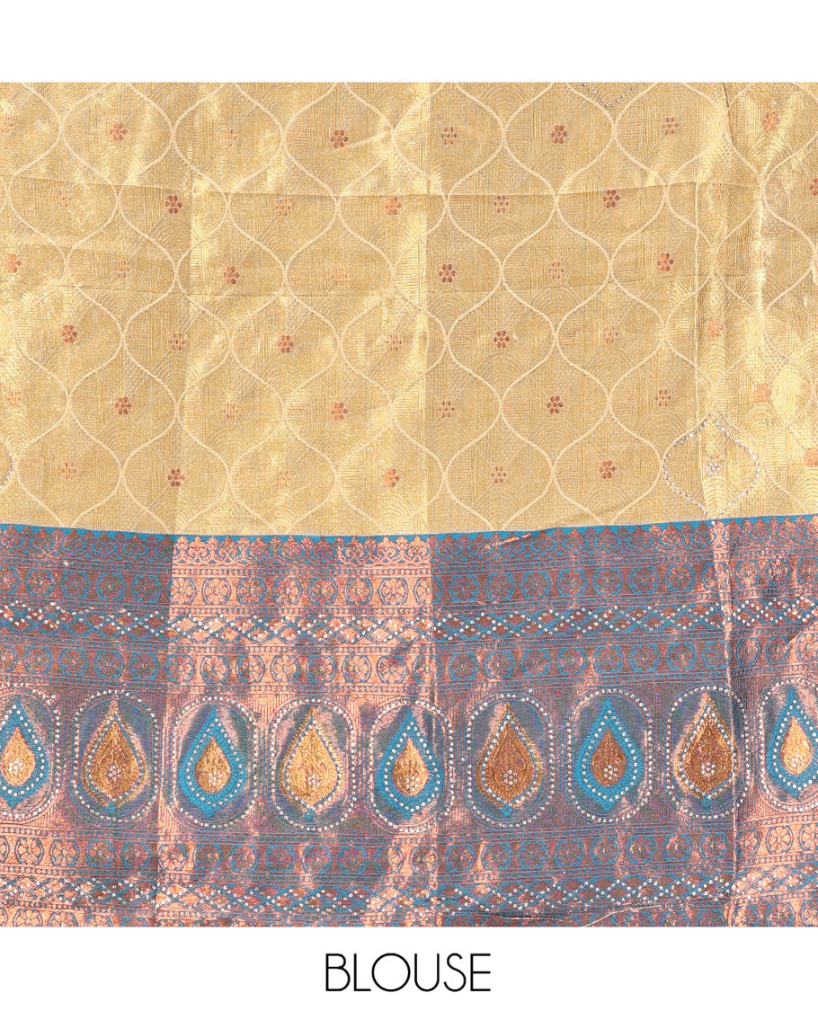 Gold-Blue Banarasi Half-Saree, Bedecked with Butta Enclosed Ogee Design, a Contrast Traditional Zari Stone Work Border, a Matching Blouse, and a Contrast Embroidered Dhavani