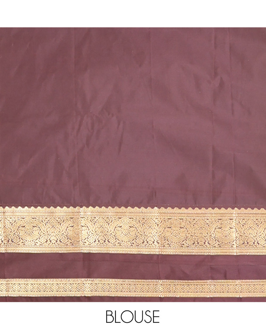 Peach Budget Silk Saree Features Buttas, Contrast Rettai Pettu Border, Grand Pallu, Contrast Blouse