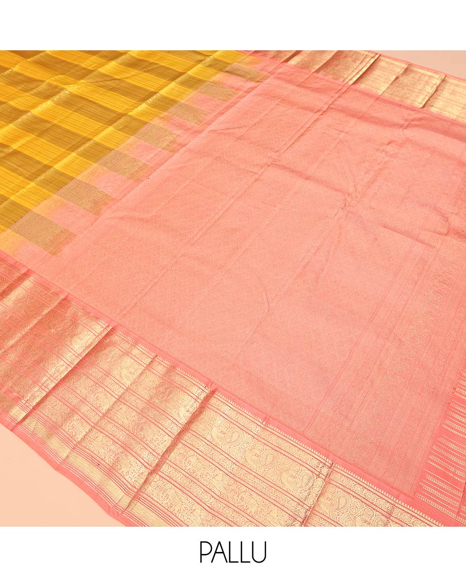 Yellow Striped Vasundhara Silk Saree, Complemented by a Contrast Border of Rekku, Kathir, Kodi Visiry, Mayil, and Yaanai Designs, Grand Pallu, and Contrast Blouse