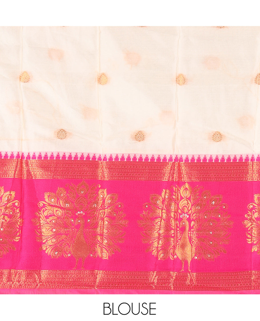 Cream-Rani Pink Semi-Silk Half-Saree