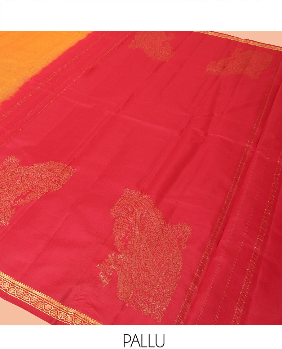 Yellow Kanchipuram Silk Saree Embellished with Kasa Kasa Checks, Adorned with Zari Border Featuring Thilakam Mokku, Muthu, and Kodi Visiry Designs, Sparsely Woven Pallu of Corner Manga Designs, and Paired with a Contrast Blouse