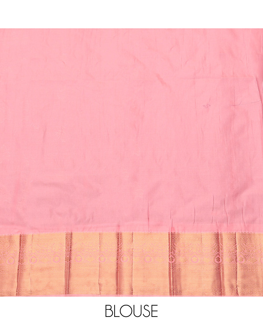 Brown Budget Silk Saree, Ornamented with Zari Buttas, Complemented by a Contrast Traditional Zari Border, Grand Pallu, and a Contrast Blouse