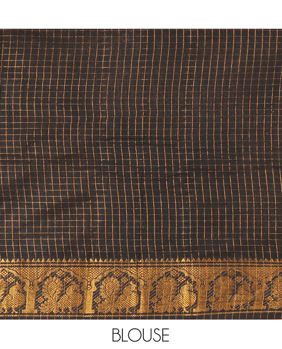 Mustard-Black Sungudi Cotton Half-Saree Set, Elevated with Zari-Checked Skirt, Contrast Peacock Border, Contrast Blouse, and Syska Georgette Dupatta