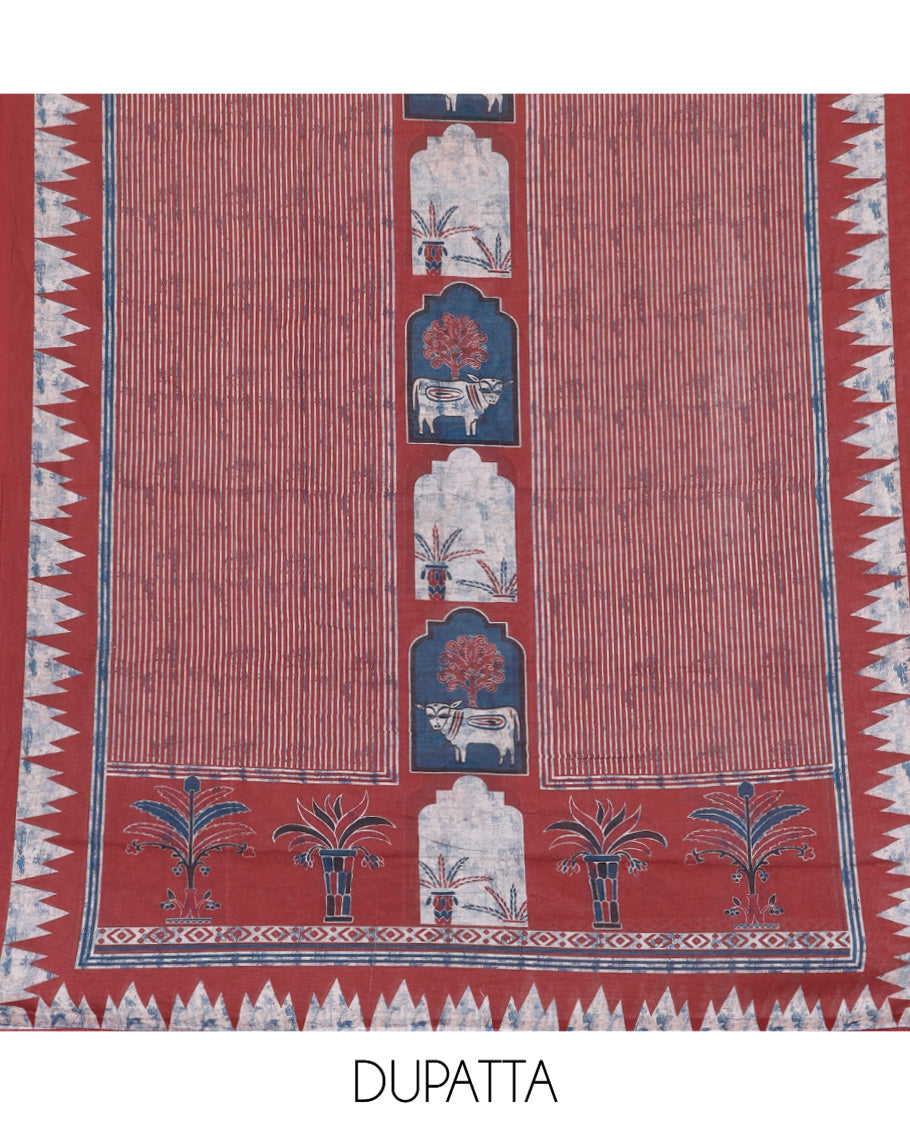 Maroon Cotton Material Churidar Set, Mughal-Style Printed Top, a Plain Bottom, a Mughal-Style Printed Dupatta