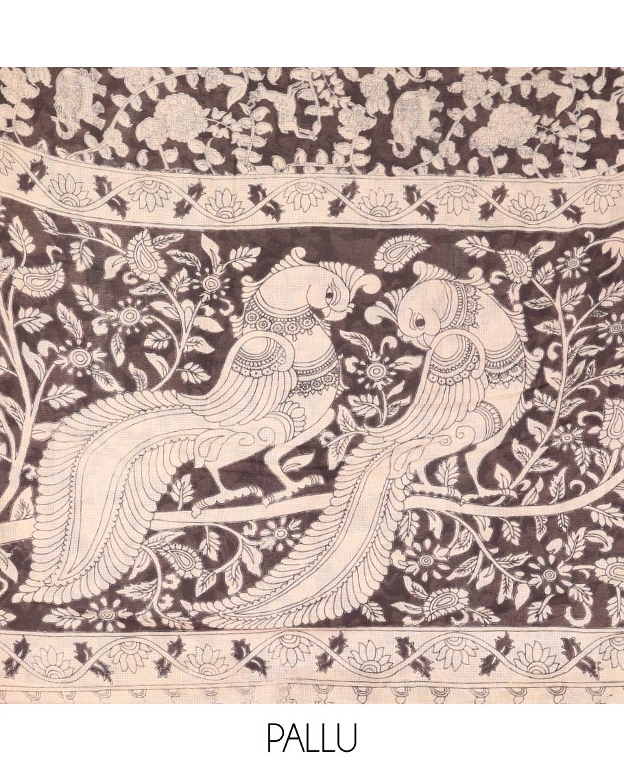 Black Machine-Printed Kalamkari Cotton Saree Features Flora-Fauna Motifs, a Piping Border, Pallu of Peacock Motifs, and a Matching Blouse