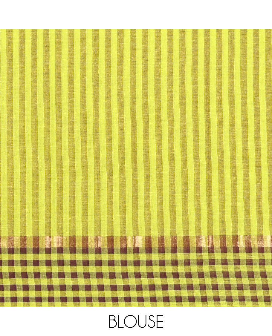 Green Chirala Cotton Saree, Accentuated with Floral Vine Print, Striped Border, Printed Pallu, and a Matching Blouse
