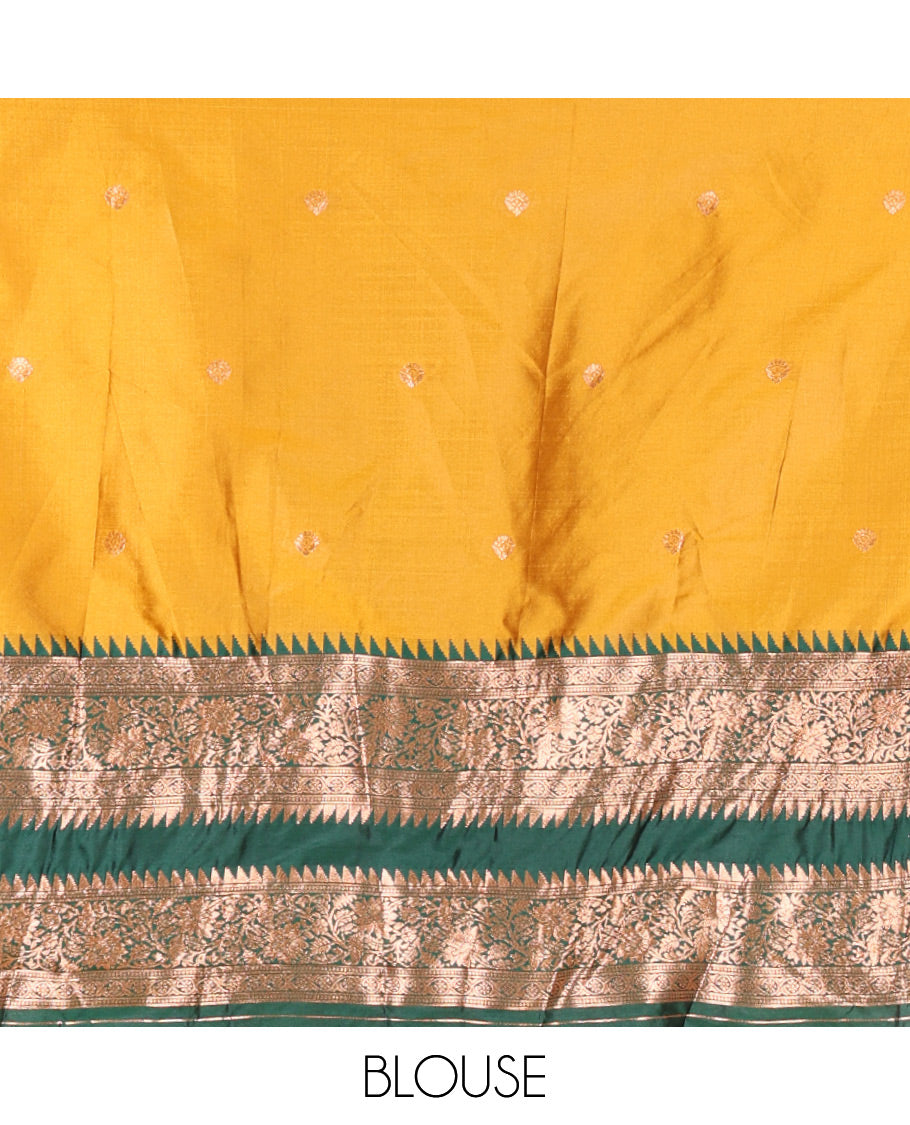 Yellow-Green Semi-Banarasi Half-Saree Subtly Sparkled with Zari Buttas on Its Skirt, Complemented by a Contrast Traditional Zari Temple Rettai Pettu Border, Paired with a Matching Blouse, and a Satin Georgette Embroidered Scallop Dhavani