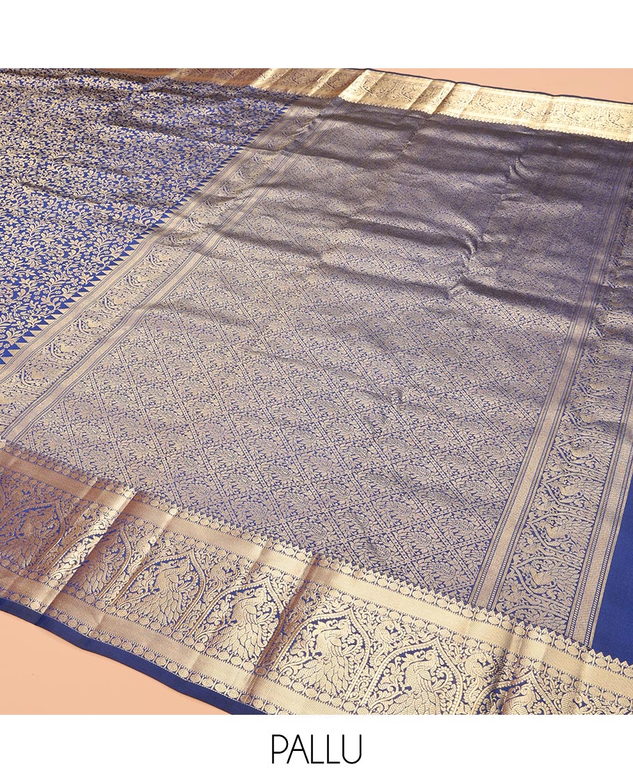 Blue Kanchipuram Wedding Silk Saree, Elegantly Highlighted with Jacquard Design, a Zari Border of Rekku, Muthu, Poun and Mayil Designs, Grand Pallu, and a Matching Blouse