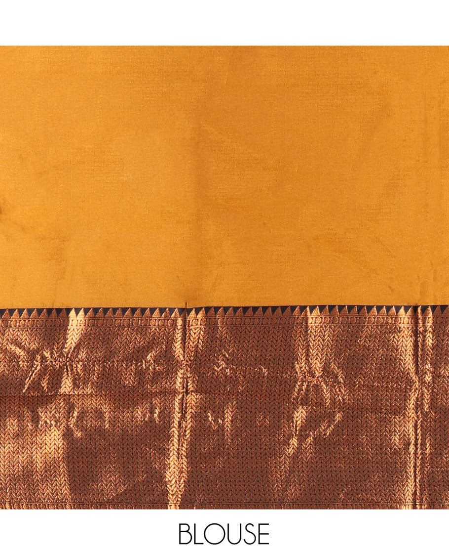 Mustrad Taffeta Silk Half-Saree Featuring a Plain Skirt, Adorned with a Contrast Traditional Zari Design Border, Paired with a Matching Blouse, and a Georgette Scallop-Bordered Stone Work Dhavani
