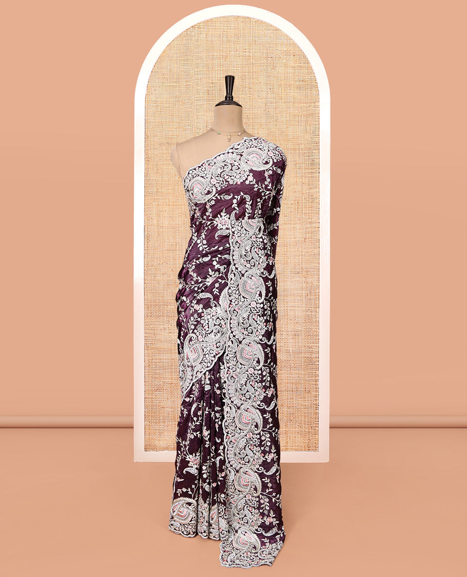Purple Designer Saree, Styled with Paisley Vine Embroidered All Over Its Body, a Scallop Embroidered Border, and Matching Blouse