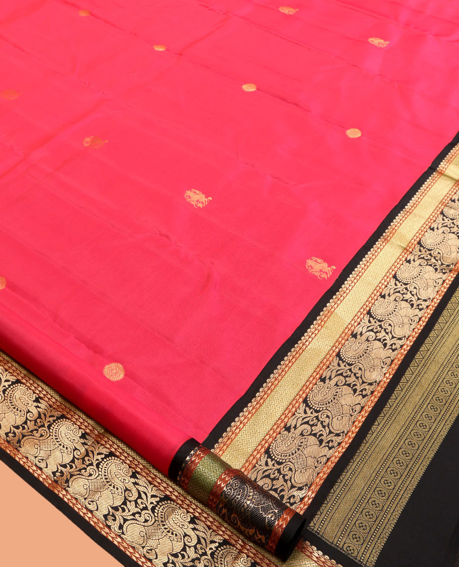 Red Vasundhara Lite Silk Mix Saree, Beautified with Yaali and Chakram Buttas, a Contrast Korvai Border of Mayil Kann and Yaali Designs, Grand Pallu, and a Contrast Blouse