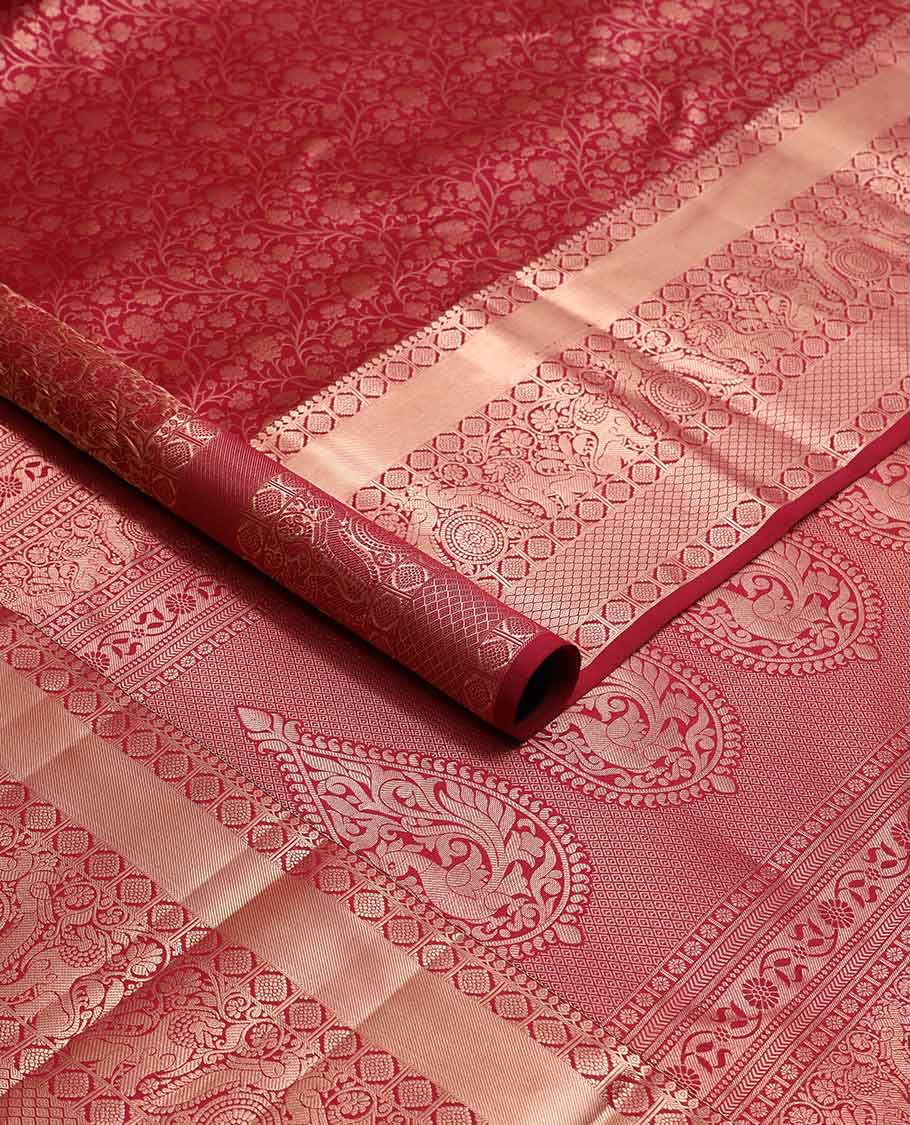 Red jaal design kancheepuram silk saree with self floral design border & intricate zari design pallu
