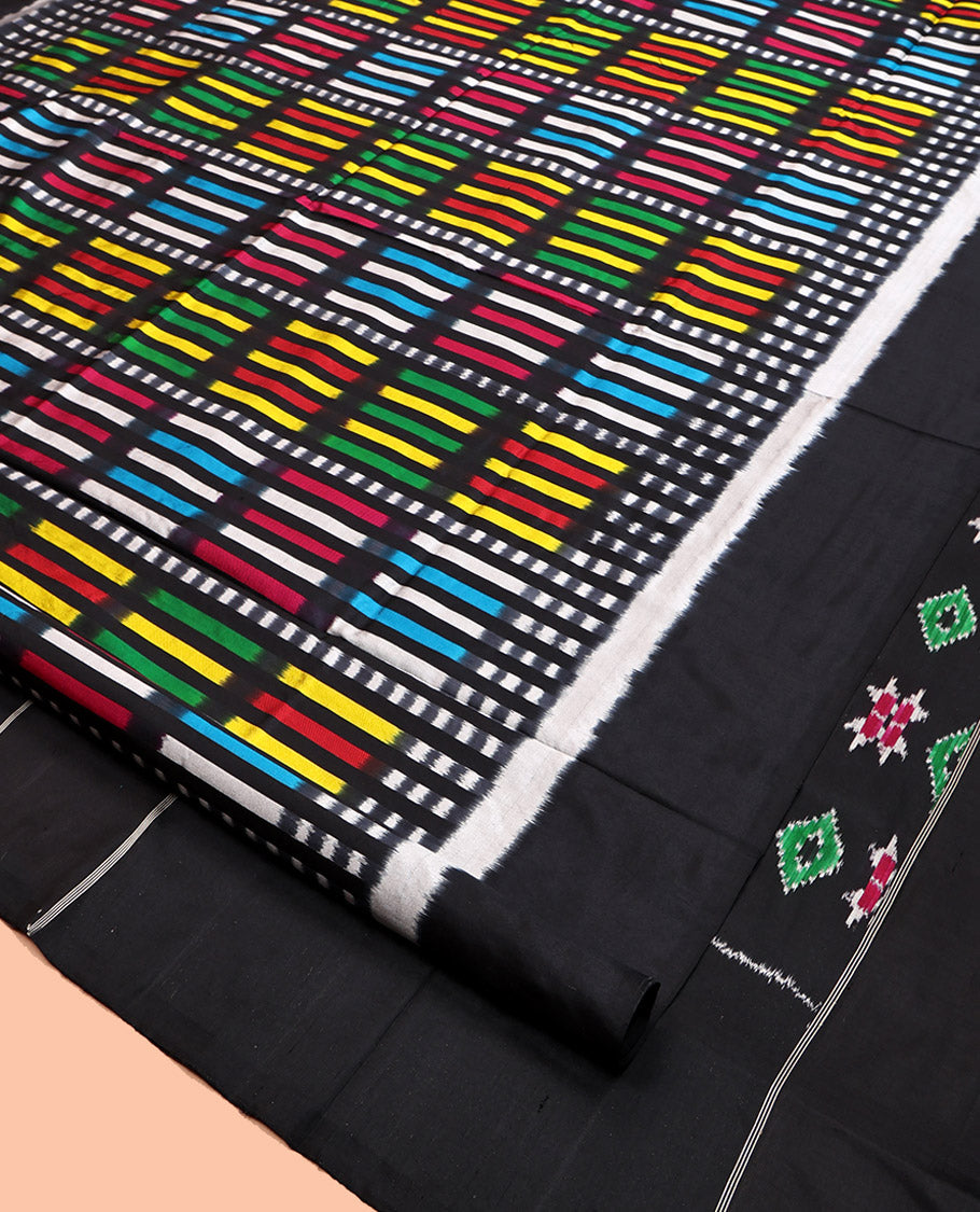 Black Pochampally Ikat Saree Features Kaleidoscopic-Colored Ikat Buttas, a Plain Border, Ikat-Style Buttas Pallu, and a Matching Blouse