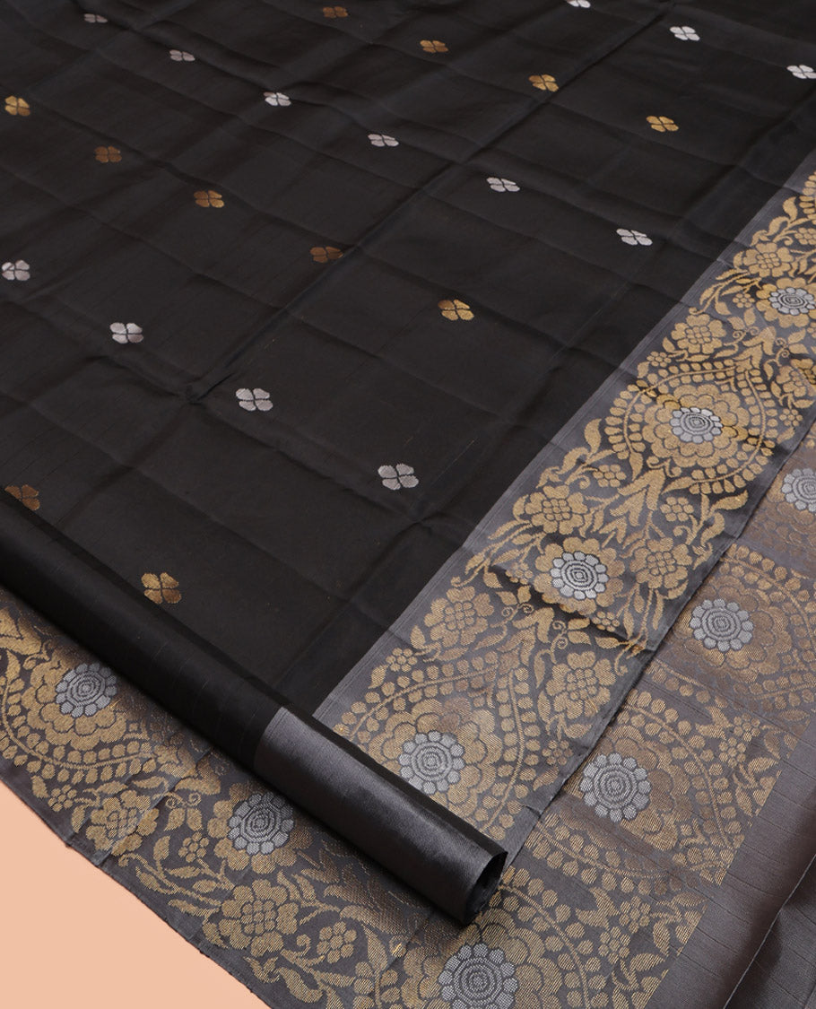 Black Mayuri Lite Silk Mix Saree, Embellished with Buttas, Complemented by Contrast Floral Design Border, Intricate Design Pallu, and Contrast Blouse