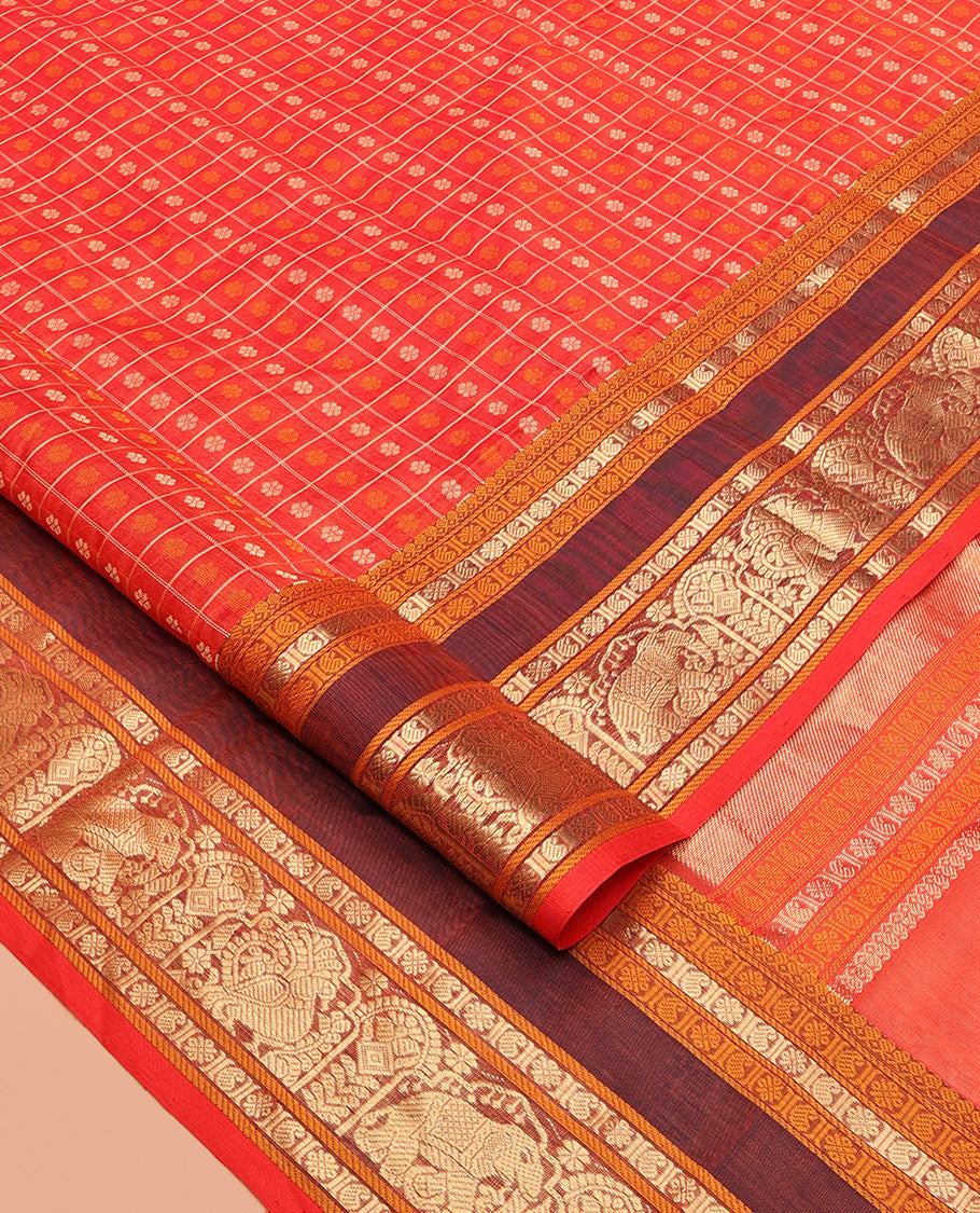 Red Buttas Enclosed Checked Kuppadam Silk Saree, Contrast Peacock-Elephant Border, Grand Pallu, Matching Blouse
