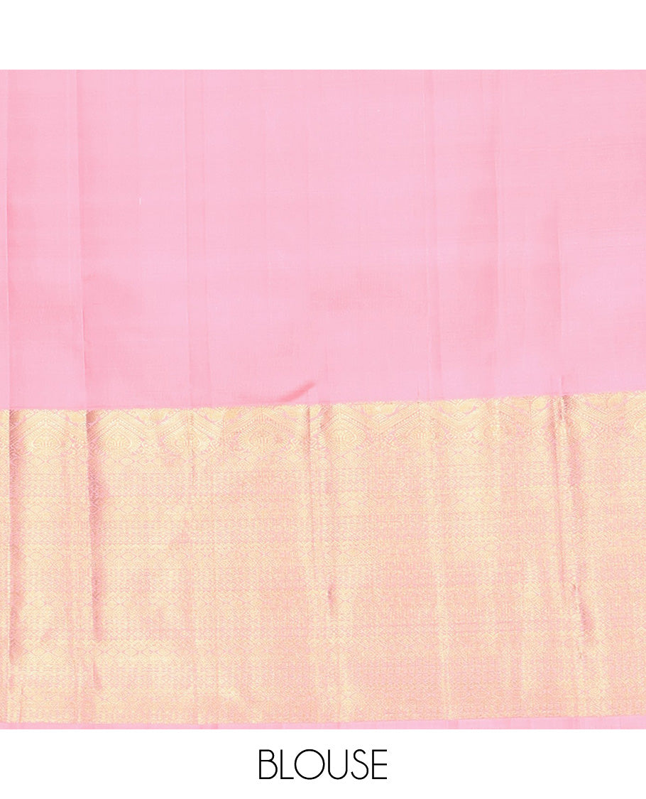 Pink Kanchipuram Silk Saree, Enthralled with Zari Buttas All Over Its Body, Highlighted by a Zari Border of Traditional Designs, Grand Jaal Pallu, and Paired with a Matching Blouse