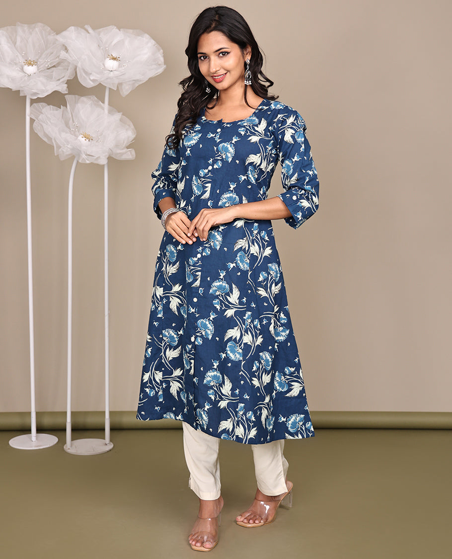 Blue Floral Printed Below-Knee-Length Cotton Kurti, Adorned with Round Neckline, 3/4 Sleeves, and A-Line Length
