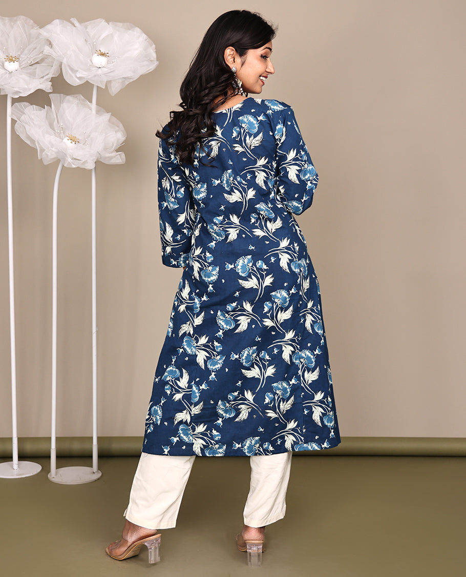Blue Floral Printed Below-Knee-Length Cotton Kurti, Adorned with Round Neckline, 3/4 Sleeves, and A-Line Length