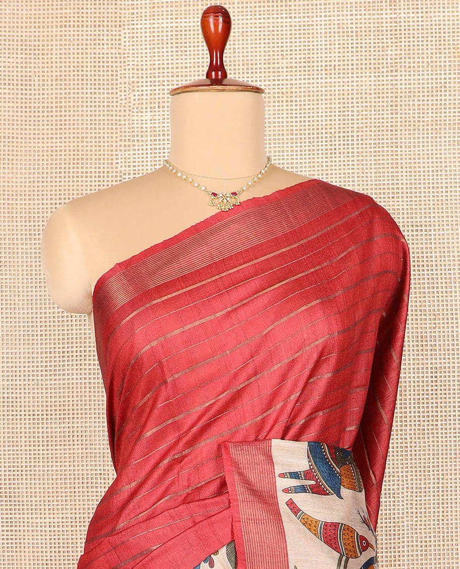 Red striped and Madhubani-style tussar saree, zari striped border, and pallu of stripes and Madhubani print