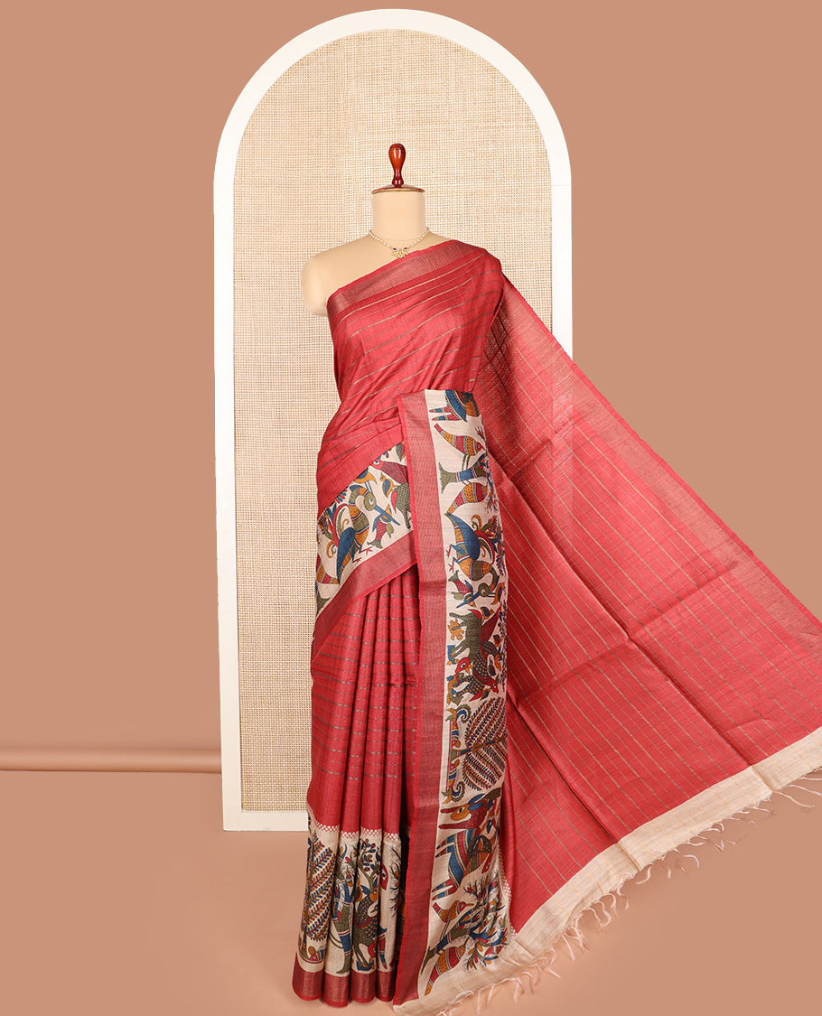 Red striped and Madhubani-style tussar saree, zari striped border, and pallu of stripes and Madhubani print