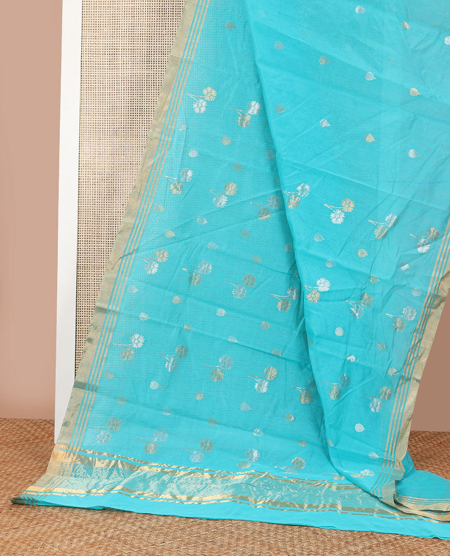 Blue motifs chanderi cotton saree with contrast traditional zari design border & floral design pallu