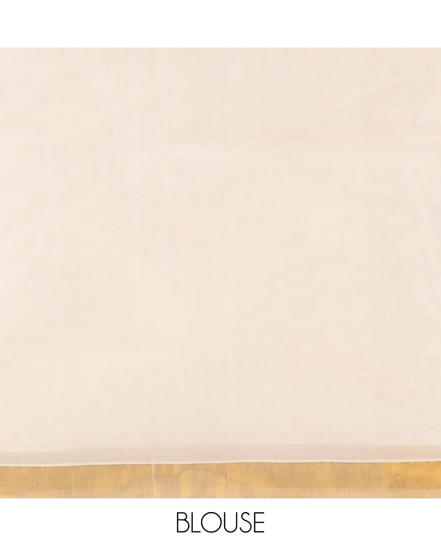 Cream kerala saree with zari stripes, zari border & pallu of intricate designs
