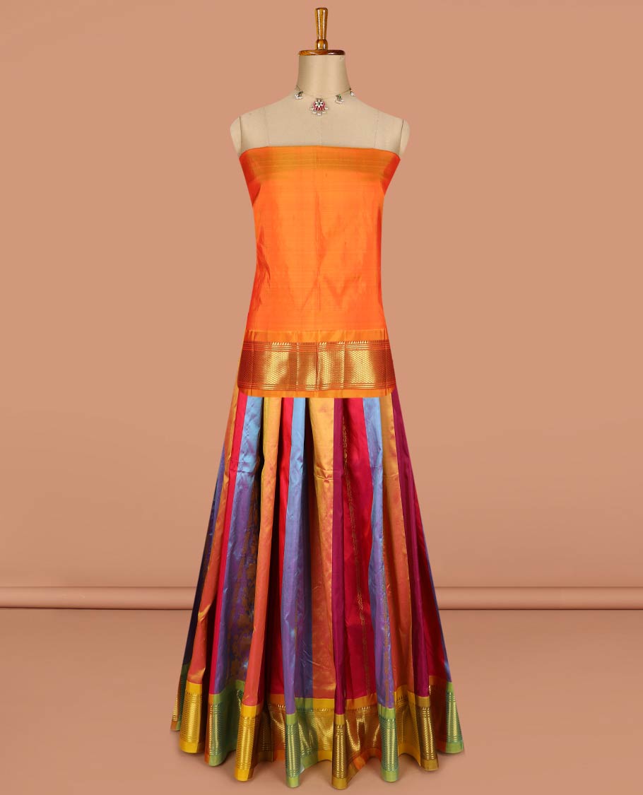 Multi-color pure-silk half-saree, striped and zari design skirt, traditional zari border, zari design blouse, and mat textured dhavani