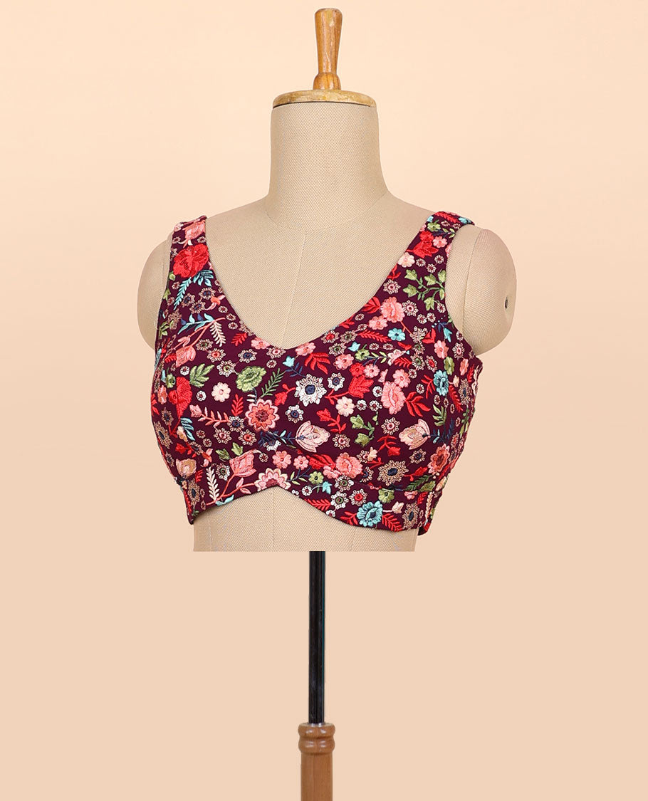 Maroon floral embroidered front & back deep v-neck raw-silk readymade sleeveless blouse