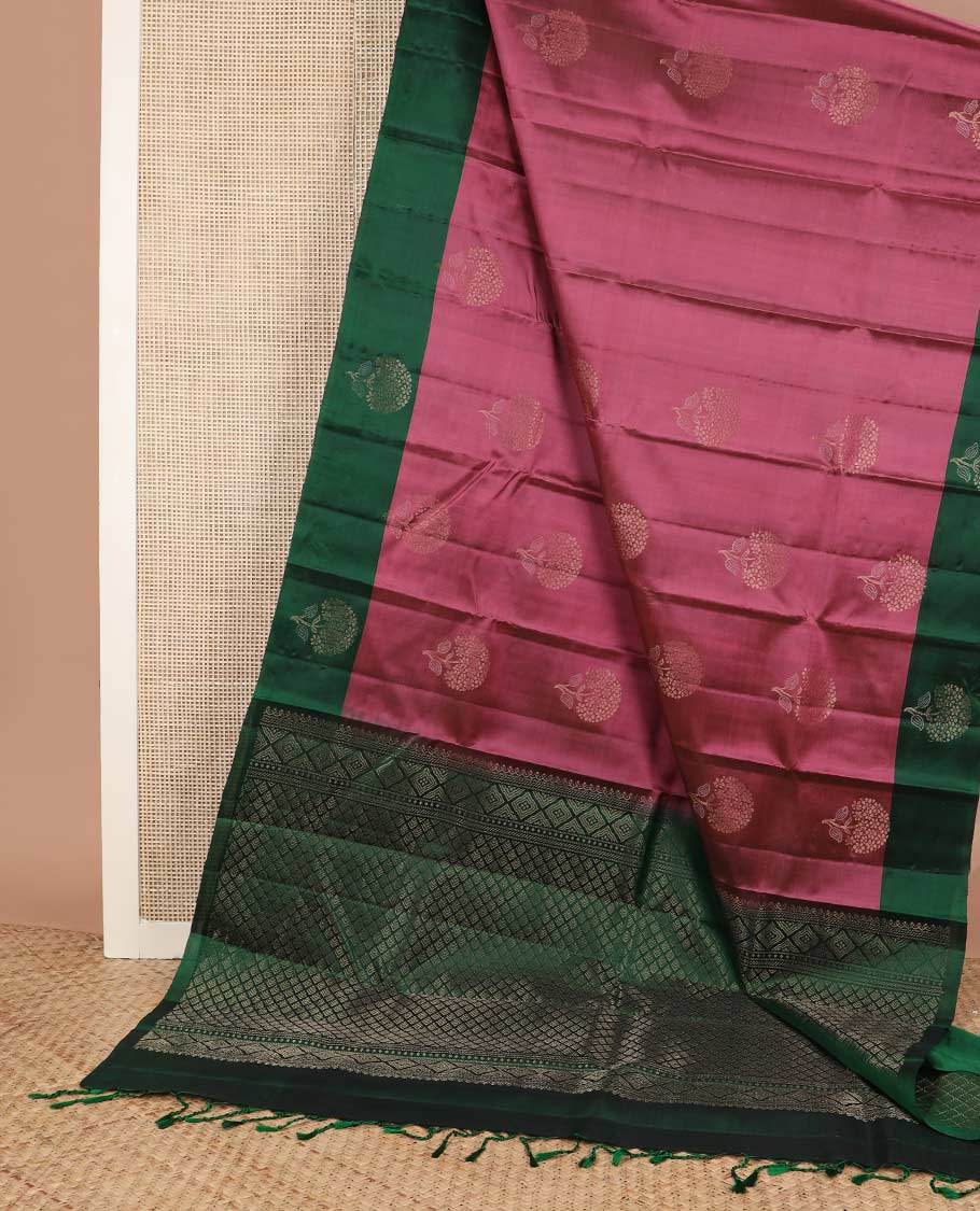 Pink floral buttas silk mix saree, contrast floral buttas border & zari-rich jaal design pallu