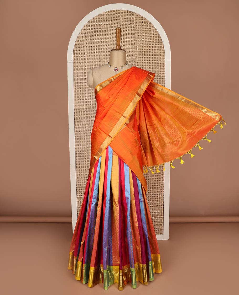 Multi-color pure-silk half-saree, striped and zari design skirt, traditional zari border, zari design blouse, and mat textured dhavani