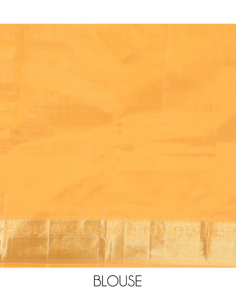 Yellow Vasundhara Silk Saree, Woven with Zari Buttas, a Contrast Border of Rekku, Muthu, Mayil, and Kuyil Kann Designs, Grand Jaal Pallu, and a Contrast Blouse