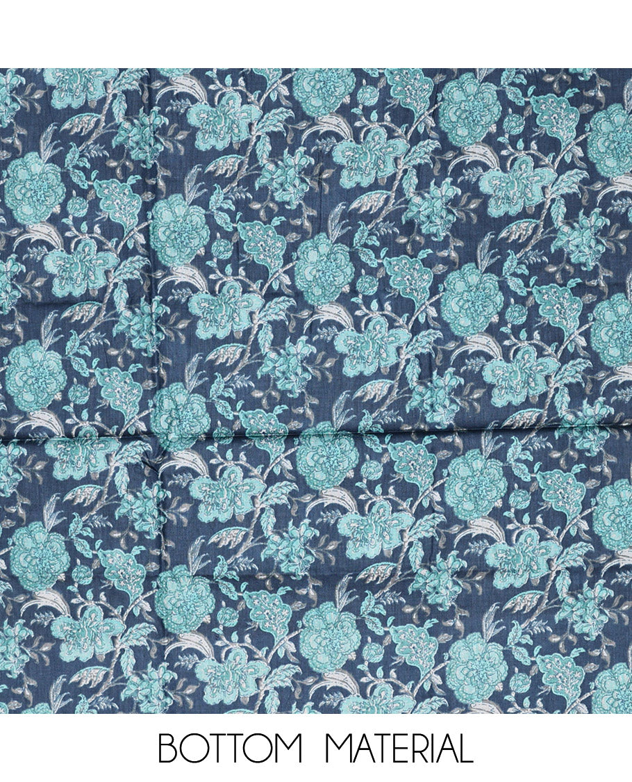 Blue Cotton Material Chudidar Set, Adorned with Floral Motifs Block Print, and Neck Embroidery on Its Cotton Top, a Floral Printed Bottom, and Paired with Chevron Printed Cotton Dupatta
