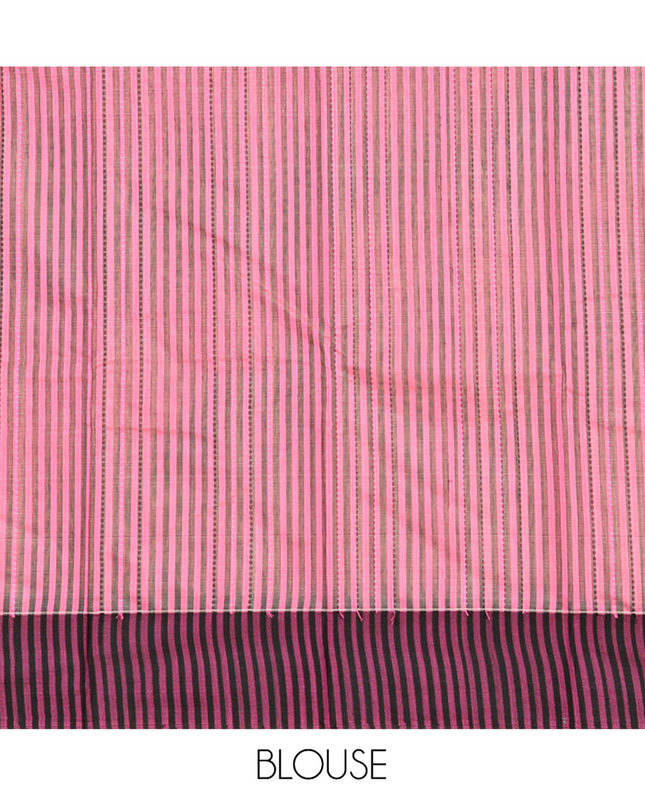 Pink Striped Semi-Silk Cotton Saree, Complemented by a Contrast Border, Pallu Steeped with Stripes, and Paired with a Matching Blouse