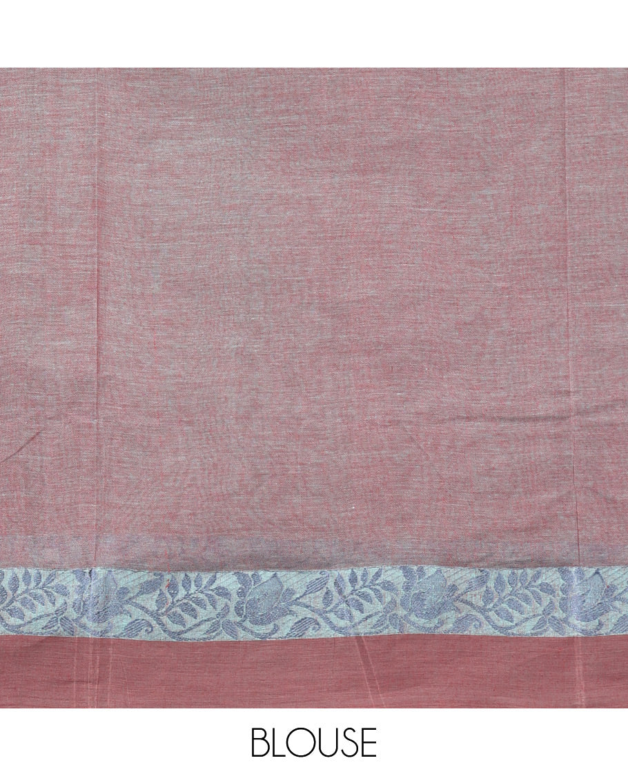 Brown Dual-tone Bengal Cotton Saree, Decorated with Buttas All Over Its Body, Complemented by a Contrast Border of Floral Creeper Designs, Pallu of Stripes and Buttas, and Paired with a Matching Blouse