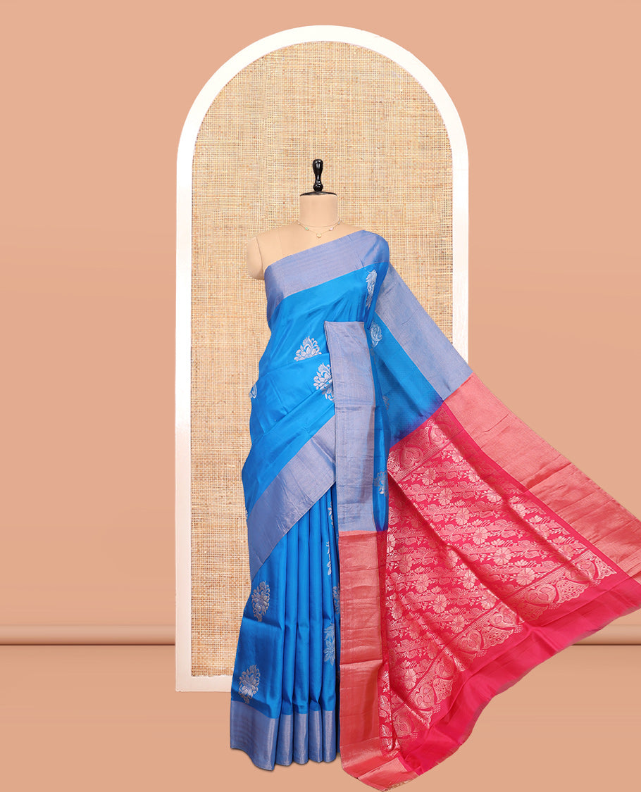Blue Uppada Saree, Delicately Woven with Floral Buttas, a Bavanji Border, Contrast Intricate Pallu, and a Contrast Blouse