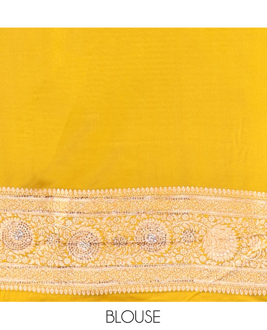 Yellow Banarasi Satin Saree, Subtly Sparkled with Floral Jaal Jacquard, a Floral Creeper Border, Intricate Stonework Pallu, and a Matching Blouse