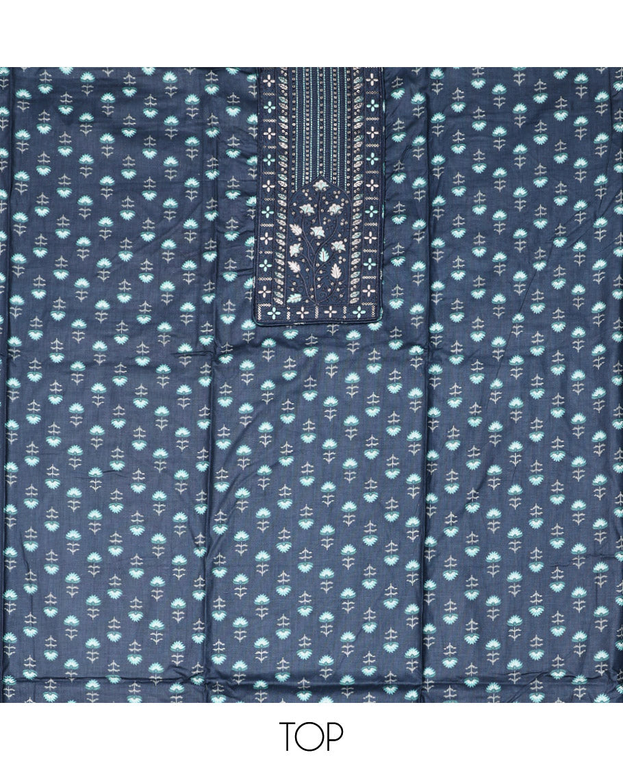 Blue Cotton Material Chudidar Set, Adorned with Floral Motifs Block Print, and Neck Embroidery on Its Cotton Top, a Floral Printed Bottom, and Paired with Chevron Printed Cotton Dupatta
