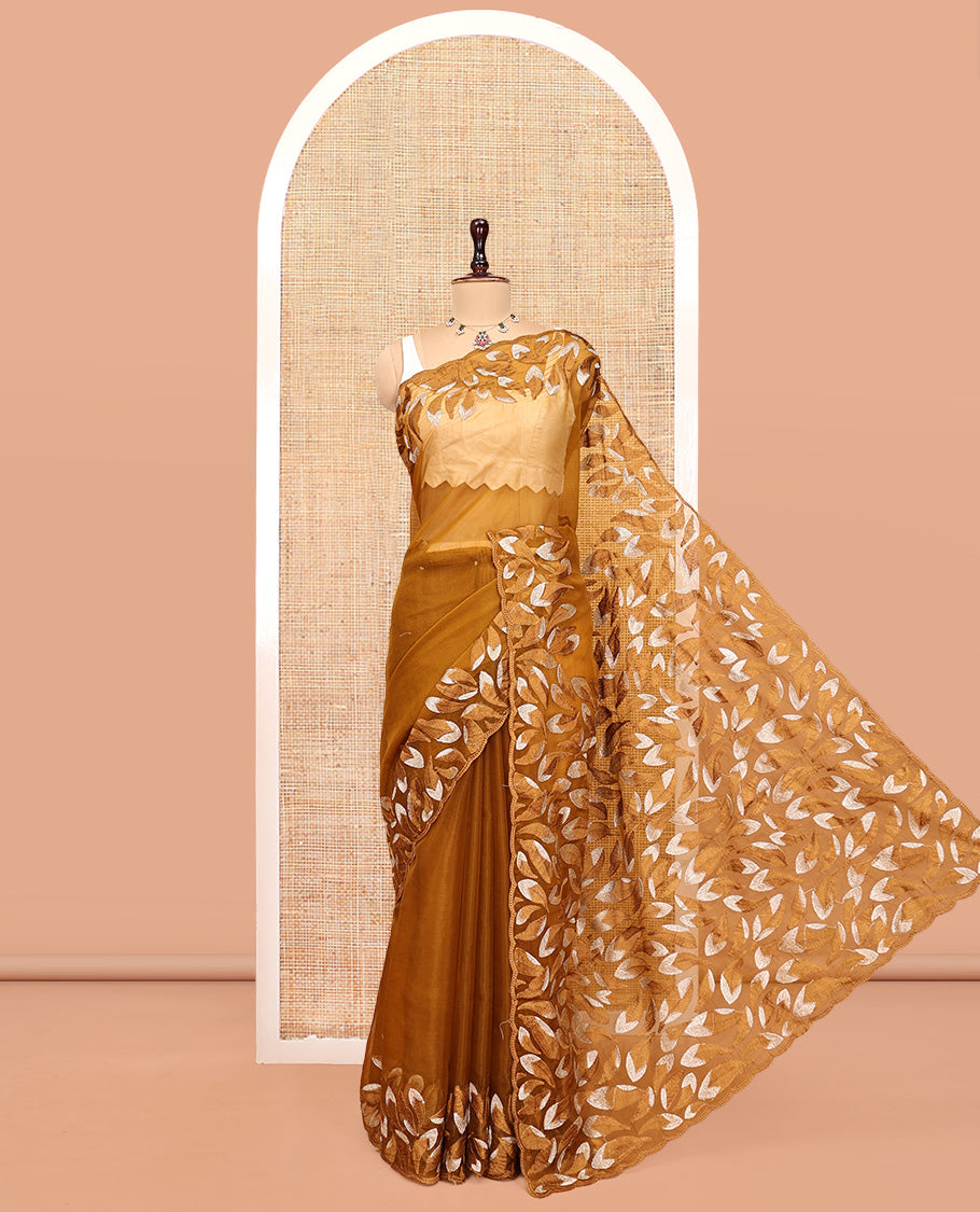 Mustard Plain Organza Saree, a Scalloped Leaf-Motif Thread Embroidery Border, Pallu, and a Matching Embroidered Blouse