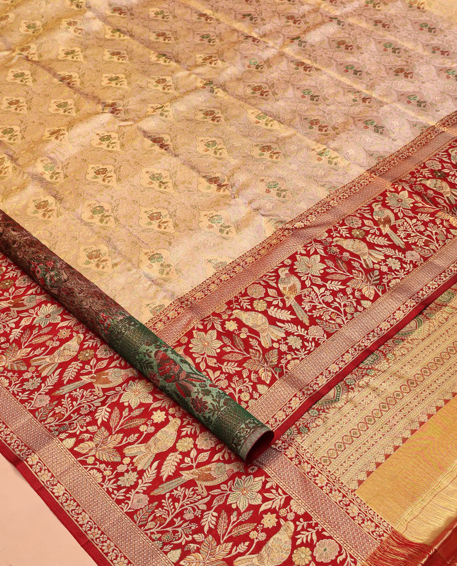 Peach Floral Jacquard Kanchipuram Tissue Silk Saree, Complemented by a Contrast Floral-Bird Meenakari Border, Grand Pallu, and Contrast Blouse