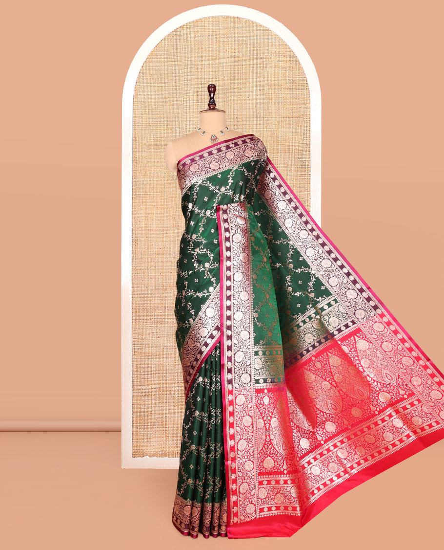 Green Banarasi Nylon Saree, Adorned with Jacquard, Contrast Floral Creeper Zari Border, Intricate Pallu, and a Contrast Blouse