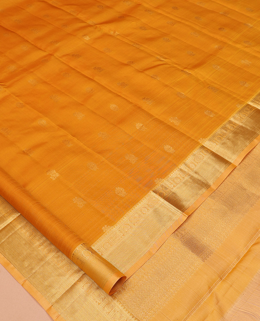 Yellow Vasundhara Silk Saree, Woven with Zari Buttas, a Contrast Border of Rekku, Muthu, Mayil, and Kuyil Kann Designs, Grand Jaal Pallu, and a Contrast Blouse