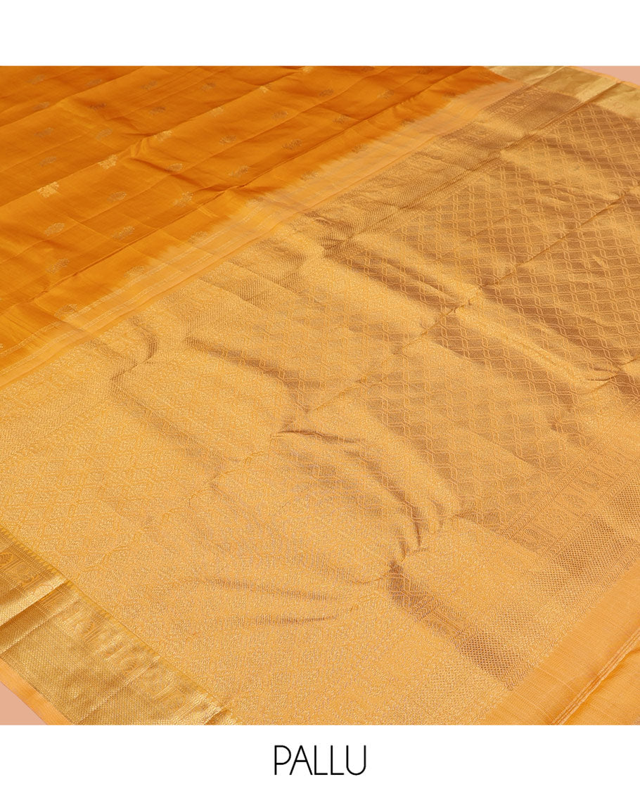 Yellow Vasundhara Silk Saree, Woven with Zari Buttas, a Contrast Border of Rekku, Muthu, Mayil, and Kuyil Kann Designs, Grand Jaal Pallu, and a Contrast Blouse