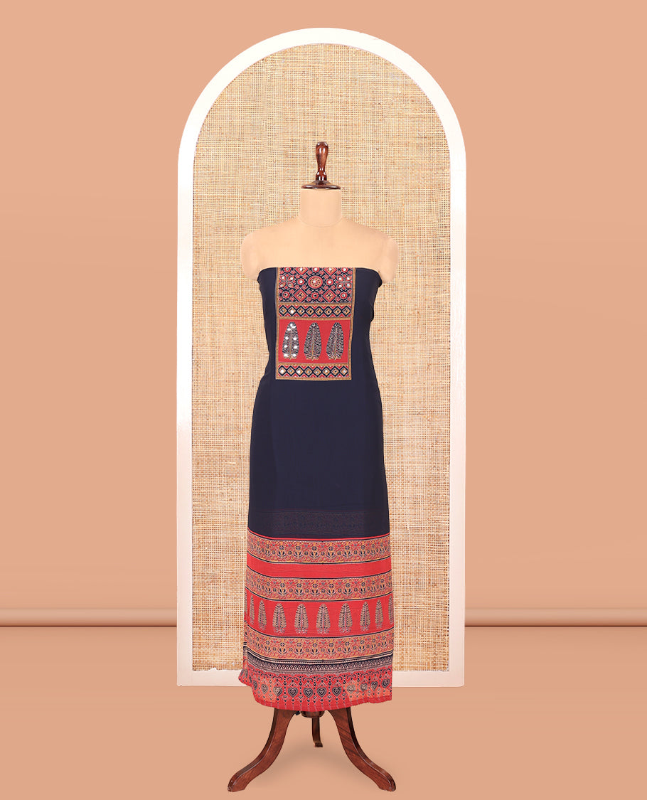 Navy Blue Georgette Material Churidar, Ajrakh Print and Mirror Work Top, a Matching Bottom, and Ajrakh Printed Dupatta