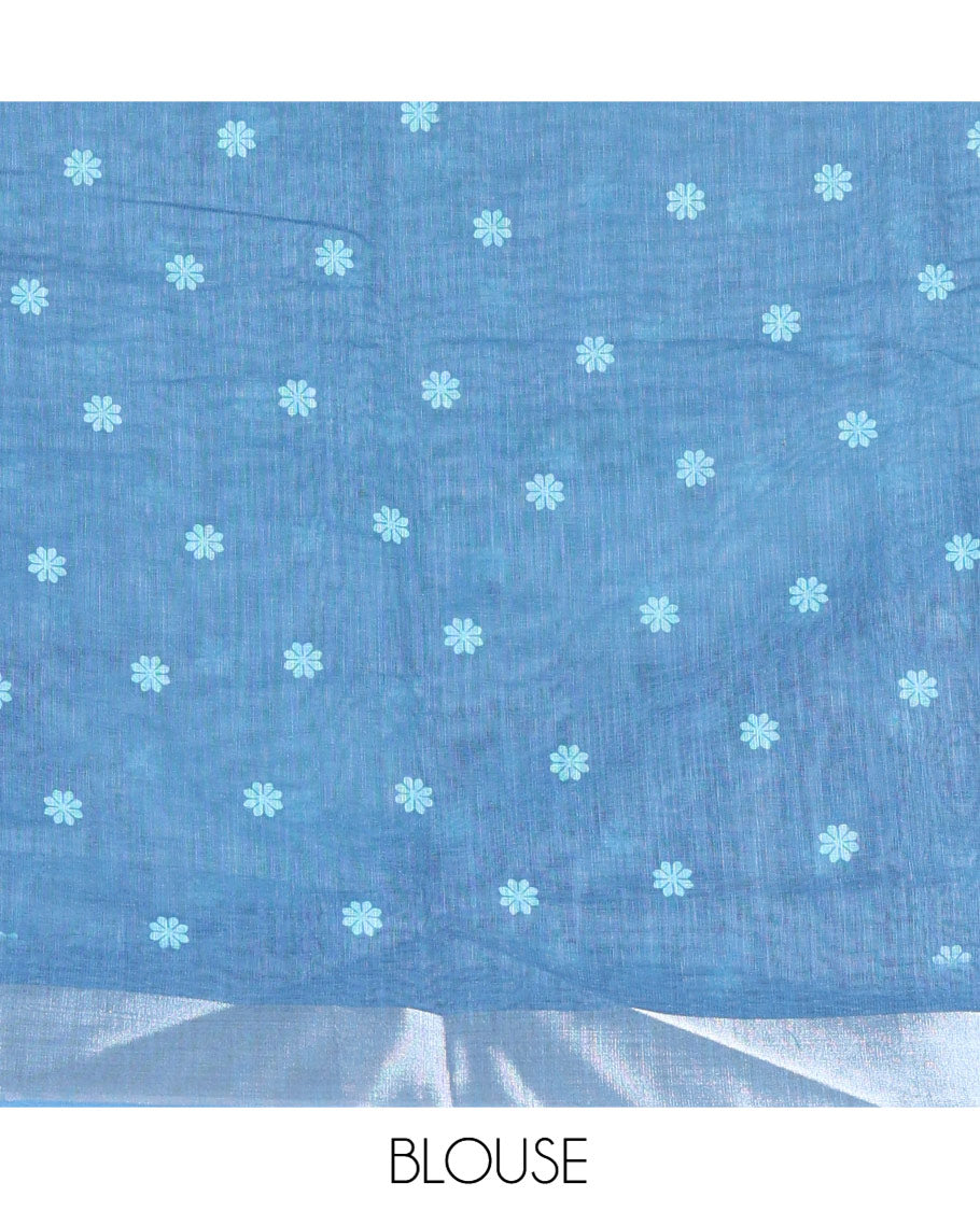 Blue Linen Cotton Saree, Beautified with Silhouette-Style Floral Vine Printed on Its Body, Subtly Zari Bavanji Border, Pallu of Same Floral Print, and Paired with a Matching Blouse