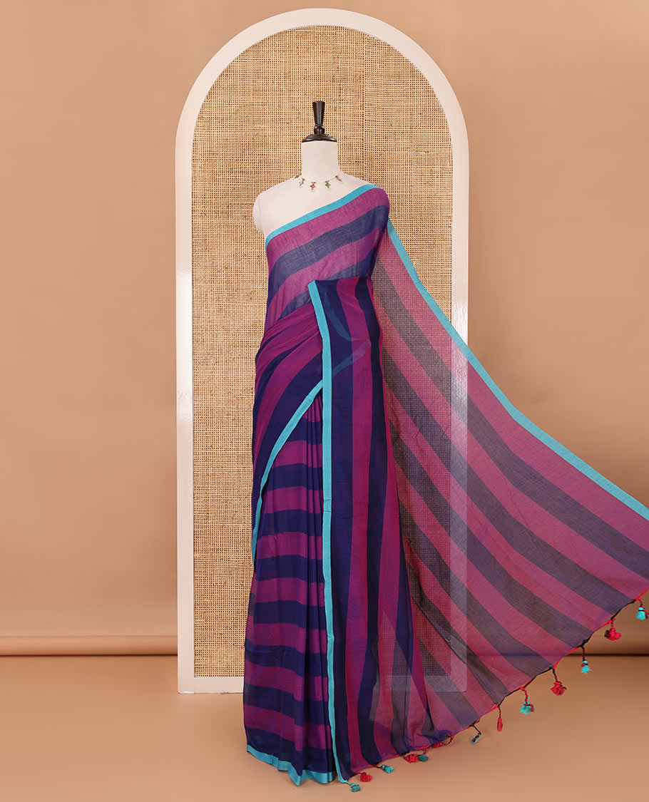 Navy blue horizontal striped khadi cotton saree, contrast piping border & matching horizontal striped blouse
