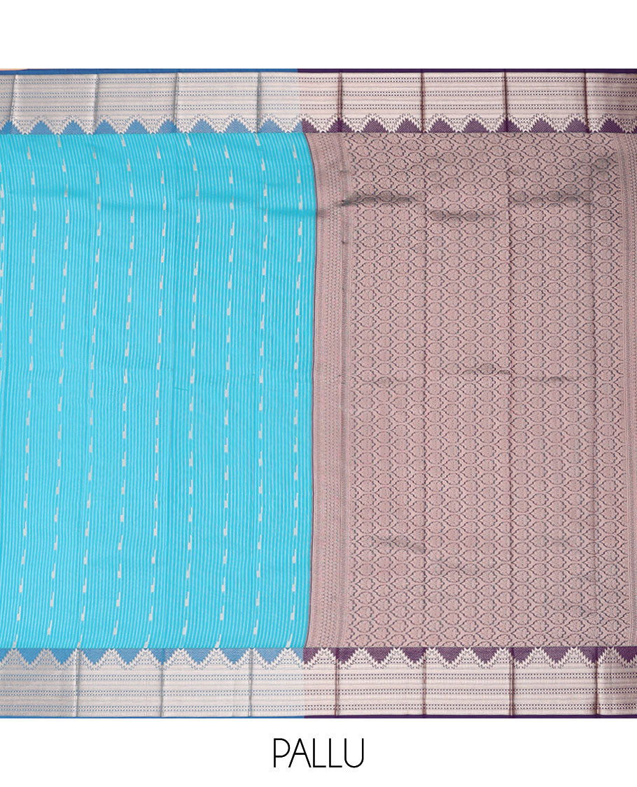 Light blue striped, motifs kora cotton saree with contrast temple border & ogee design pallu
