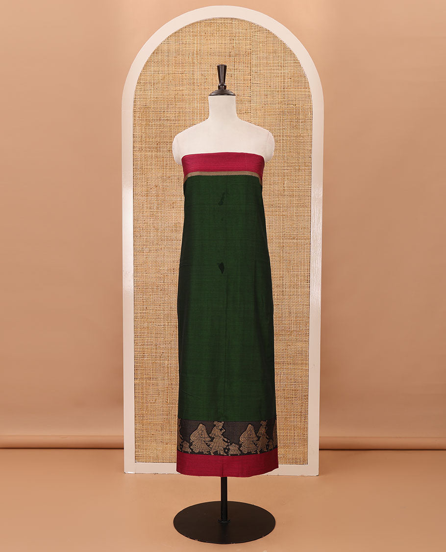 Green mercerised cotton material chudidar set, Madhubani-style bride-groom motif woven top, bottom & dupatta